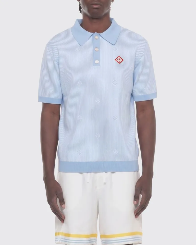 Casablanca Paris Gestreiftes Strick-Poloshirt aus Baumwolle mit geripptem Kragen Blau