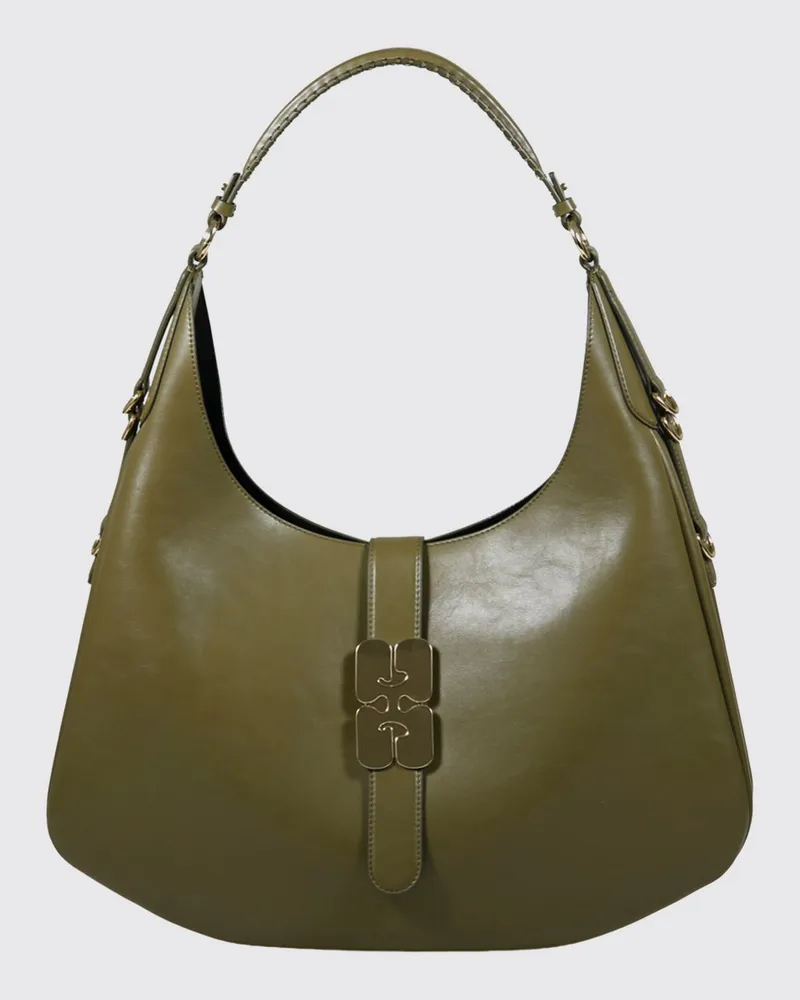 Ganni Große Kat Schultertasche von aus recyceltem Leder mit Butterfly-Logo Grün
