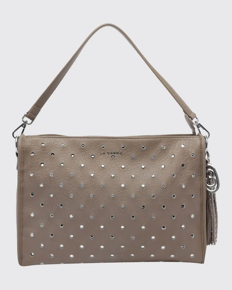 LA CARRIE Bestickte Schultertasche aus Polyester mit Logo-Charm Beige