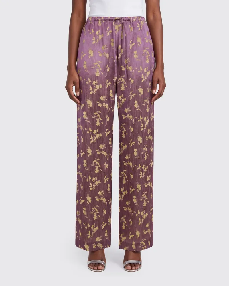 Dries van Noten Geblümte Palazzohose aus Satin mit Kordelzug Violett