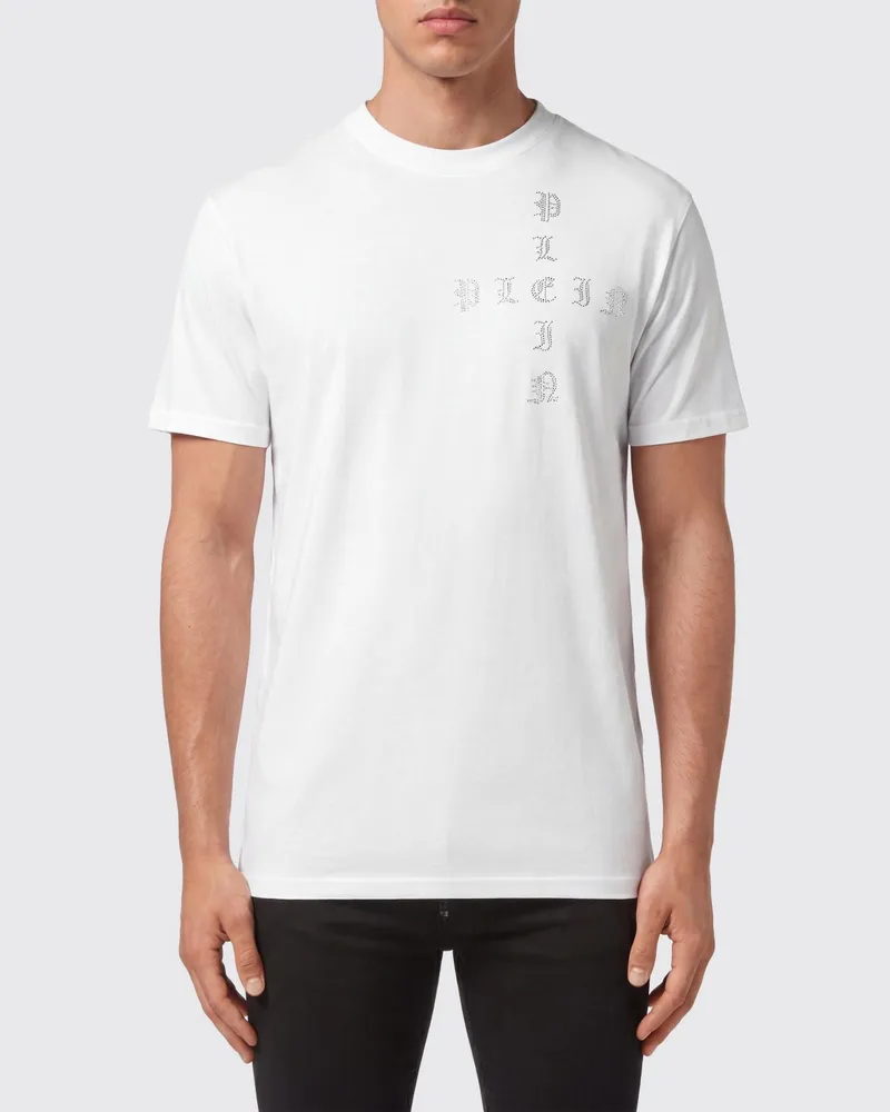 Philipp Plein Baumwoll-Rundhals-T-Shirt mit Strass-Logo-Schriftzug Weiß