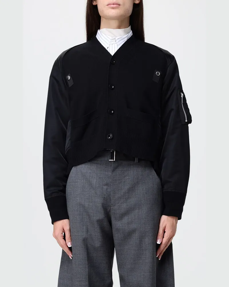 Sacai Zweifarbiger Cardigan aus Baumwolle und Nylon mit Reißverschlusstaschen Schwarz