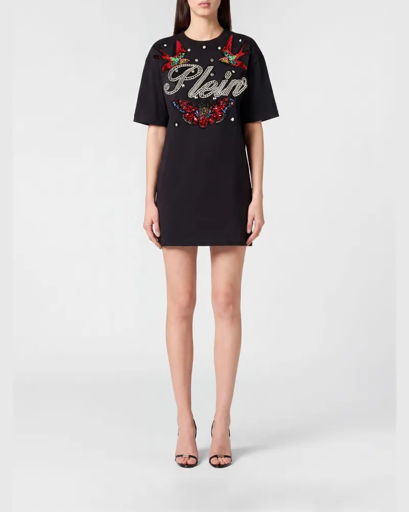 Philipp Plein Etui-Minikleid mit Strass-Logo und U-Ausschnitt am Rücken Schwarz