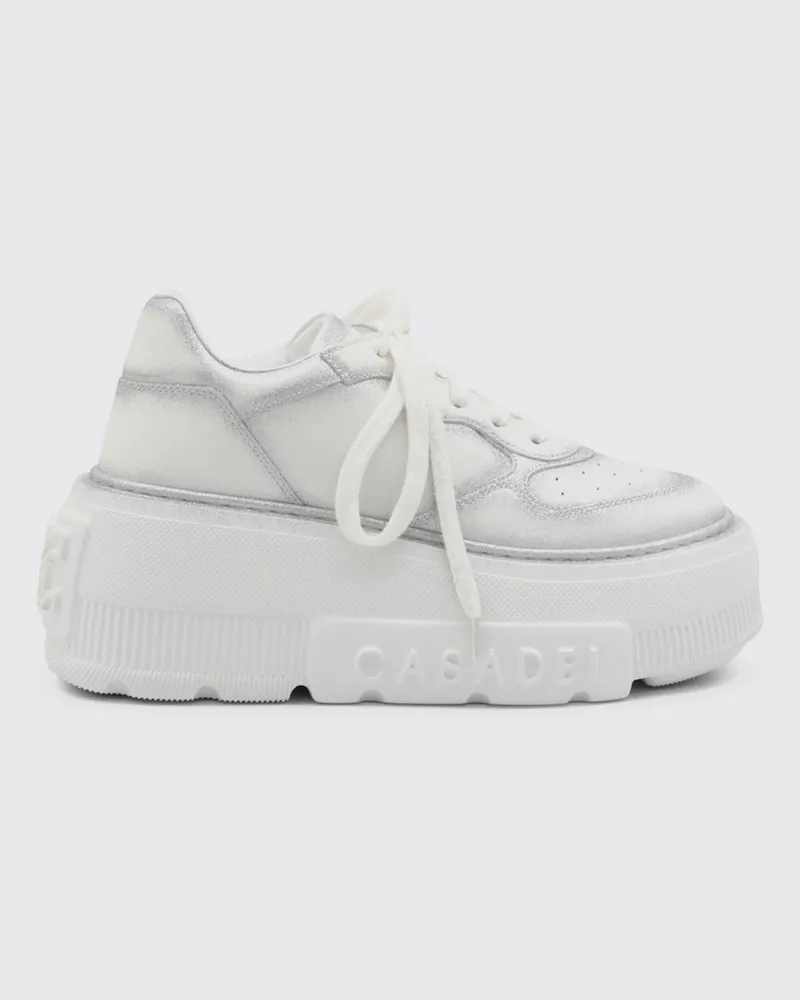 Casadei Low-Top-Sneaker aus glattem und laminiertem Leder mit Keil-Plateausohle Weiß