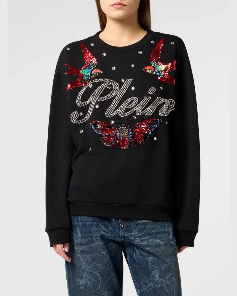 Philipp Plein Baumwoll-Sweatshirt mit Rundhalsausschnitt, Logo und Schmuckverzierungen Schwarz