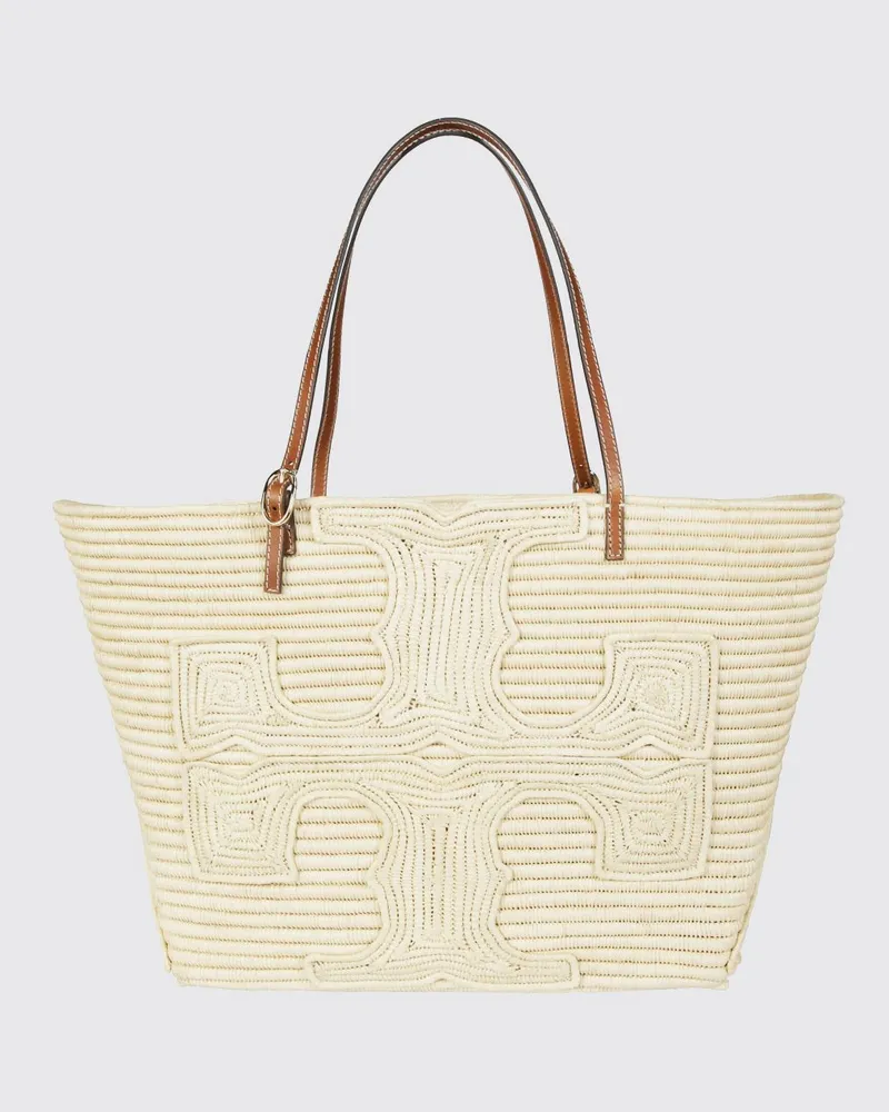 Tory Burch Ella Häkel-Tragetasche aus Raffia von mit gesticktem Doppel-T-Logo Beige