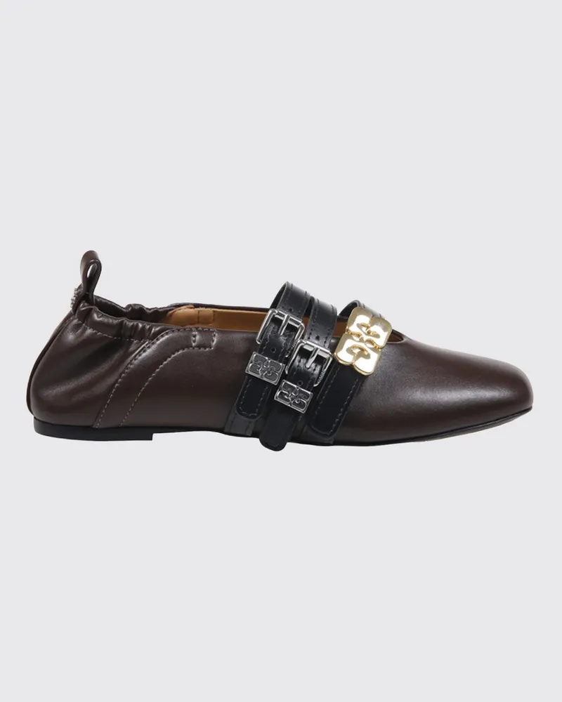Ganni Mary Jane Ballerinas aus recyceltem Leder mit Doppelriemen und Butterfly-Logo Braun