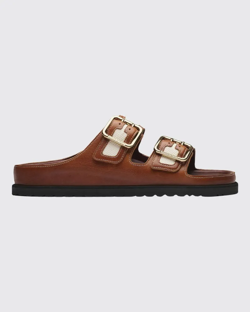 Birkenstock 1774 Arizona Flache Sandalen aus zweifarbigem Leder und Canvas Braun