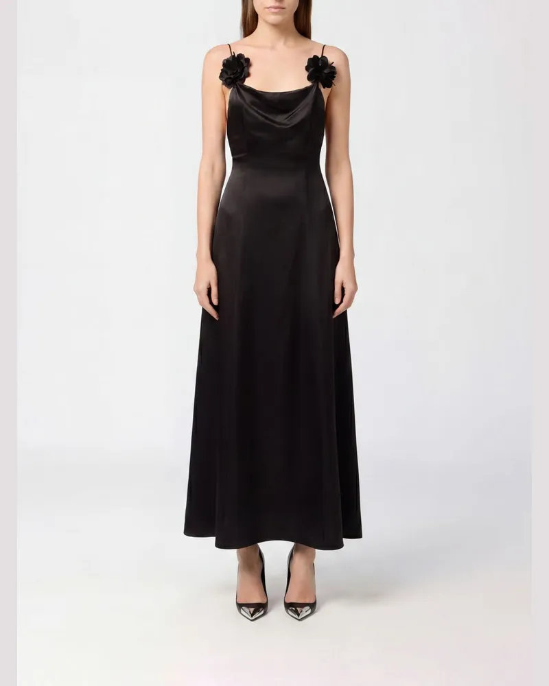Philipp Plein Midi-Cocktailkleid aus Satin mit quadratischem Ausschnitt und Blumenapplikation Schwarz
