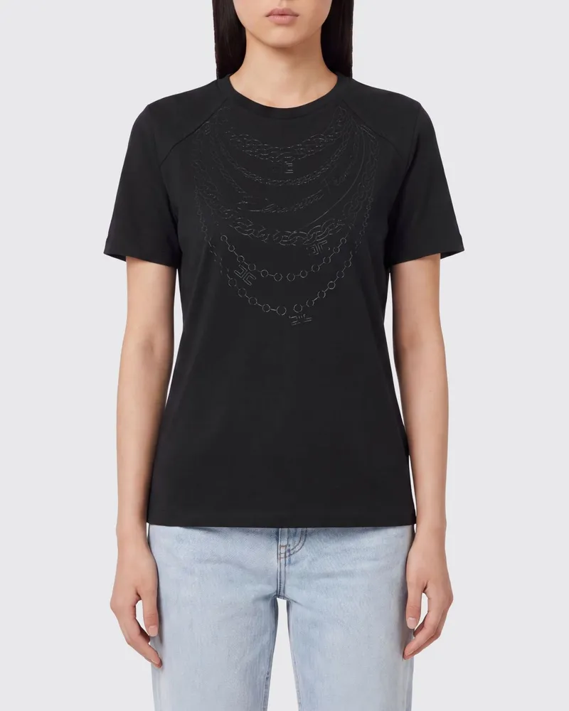 Elisabetta Franchi Slim-Fit-T-Shirt aus Baumwolle mit kontrastierendem Grafikdruck Schwarz