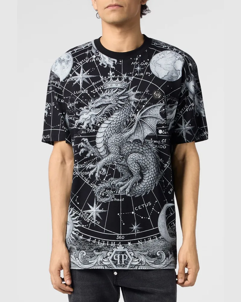 Philipp Plein Baumwoll-T-Shirt von mit kontrastierendem Grafikdruck vorne Schwarz