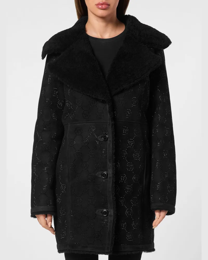 Philipp Plein Einreihiger Shearling-Mantel mit Strass-Hexagon-Logo Schwarz
