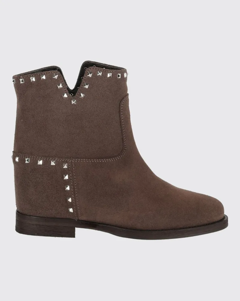 Via Roma 15 Bestickte Lederstiefeletten mit Nieten mit niedrigem Absatz Beige