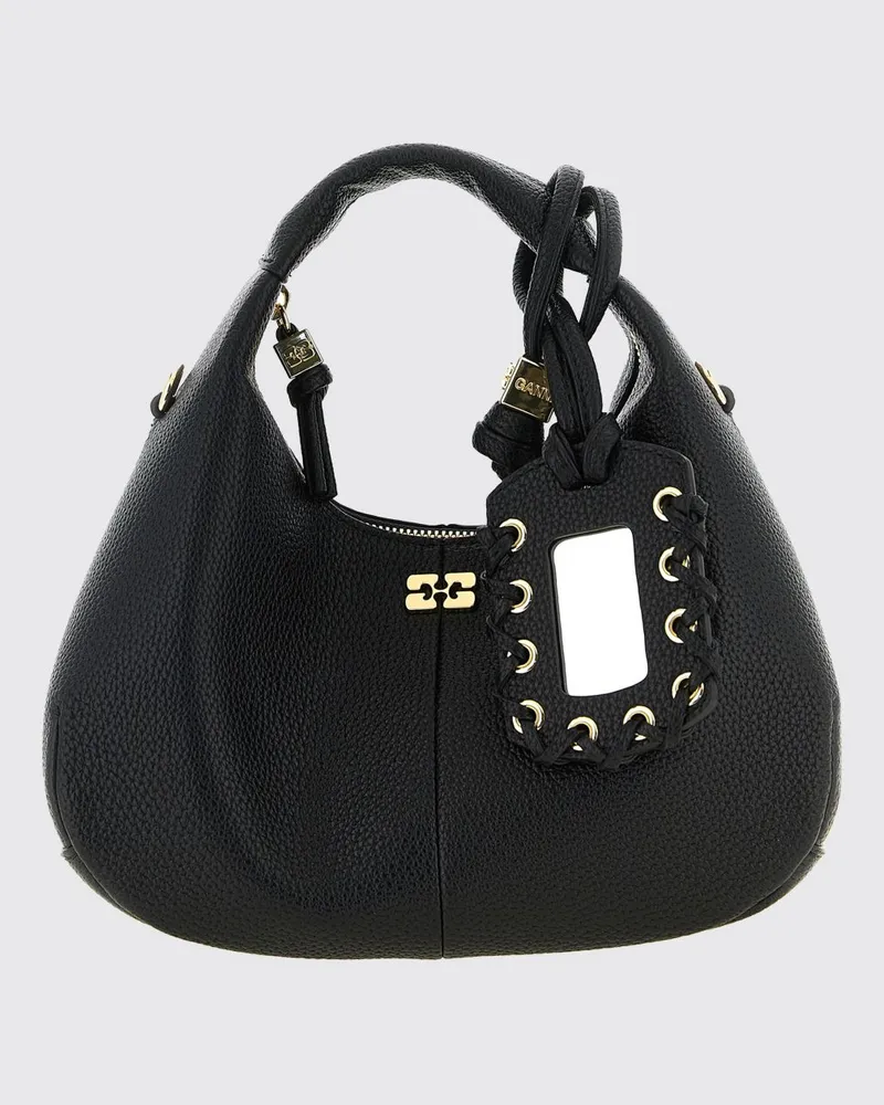 Ganni Mini Hobo-Tasche aus schwarzem recyceltem Leder mit Butterfly-Logo und Charm Schwarz