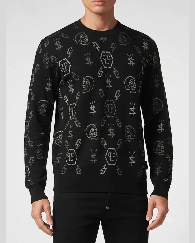 Philipp Plein Rundhalspullover aus Merinowolle mit Totenkopfmotiv und Jacquard-Monogramm Schwarz