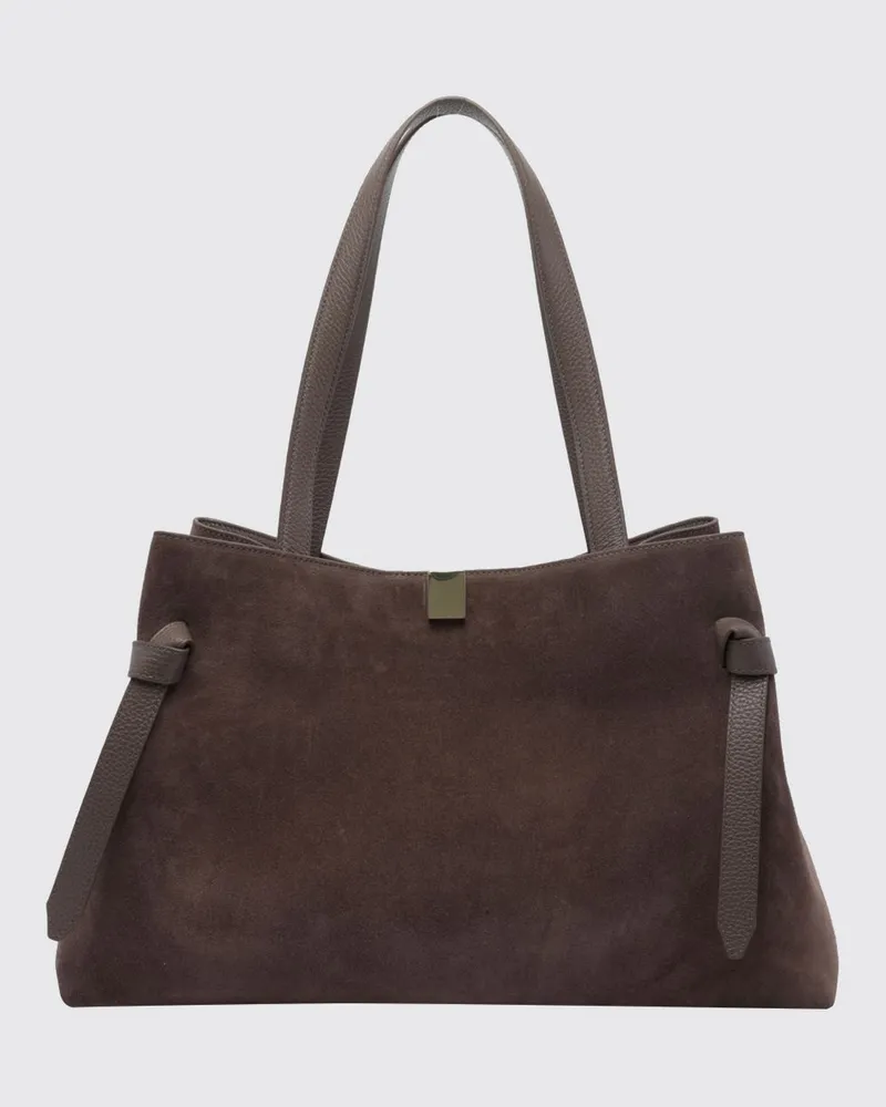 YUZEFI Gyoza Tote-Tasche aus Kalbswildleder mit doppeltem Henkel Braun