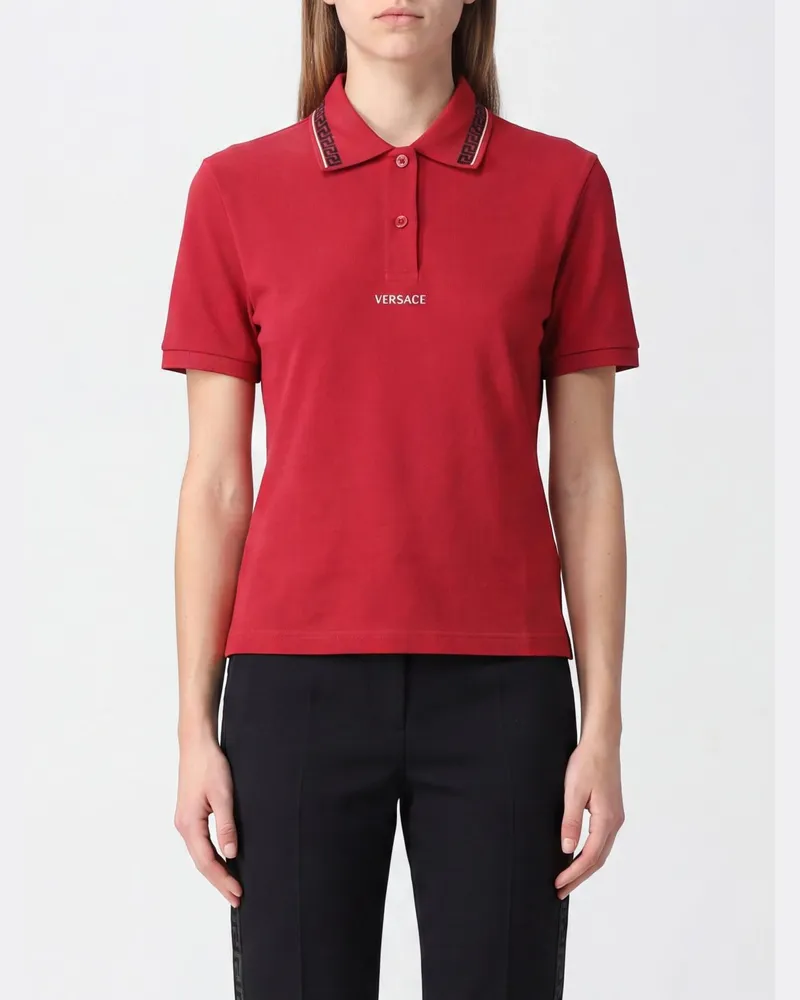 Versace Slim-Fit-Poloshirt aus Baumwolle mit Kontrastlogo und Paspelierung Rot