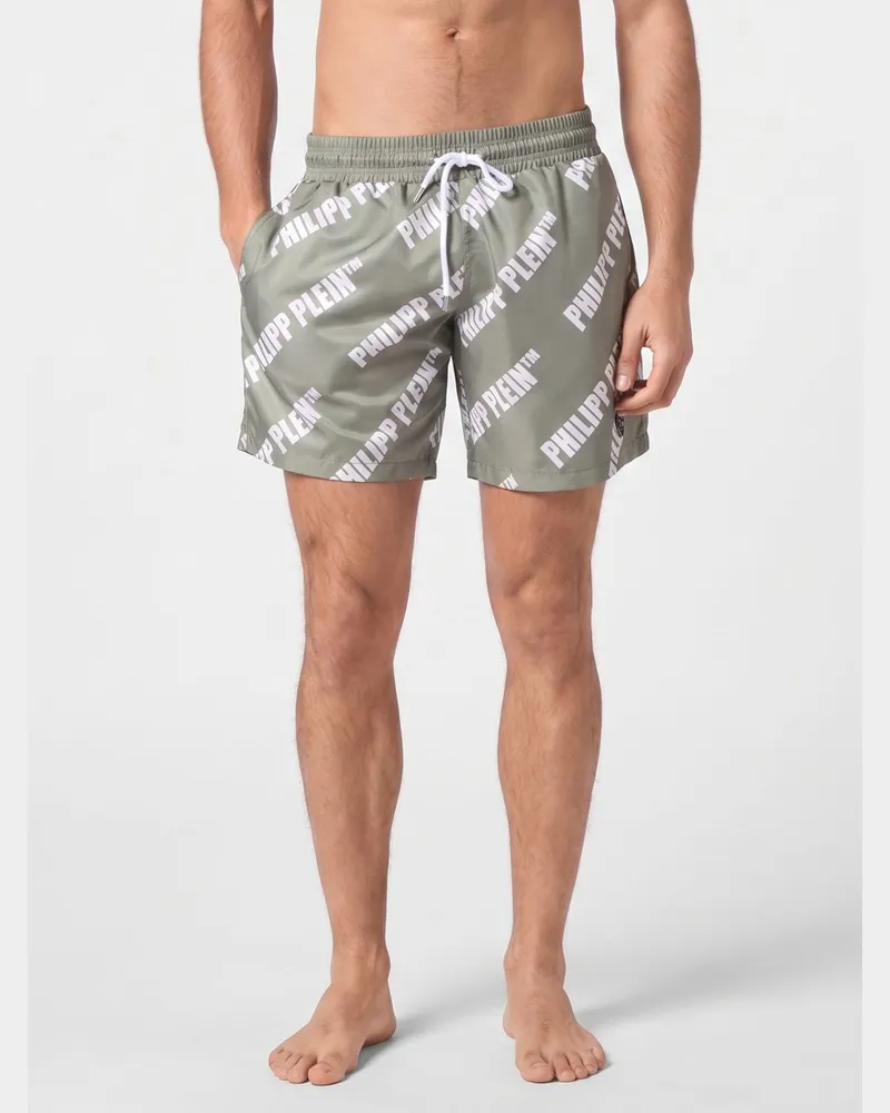Philipp Plein Badeshorts aus Nylon von mit Kontrastlogo und Kordelzug Grün