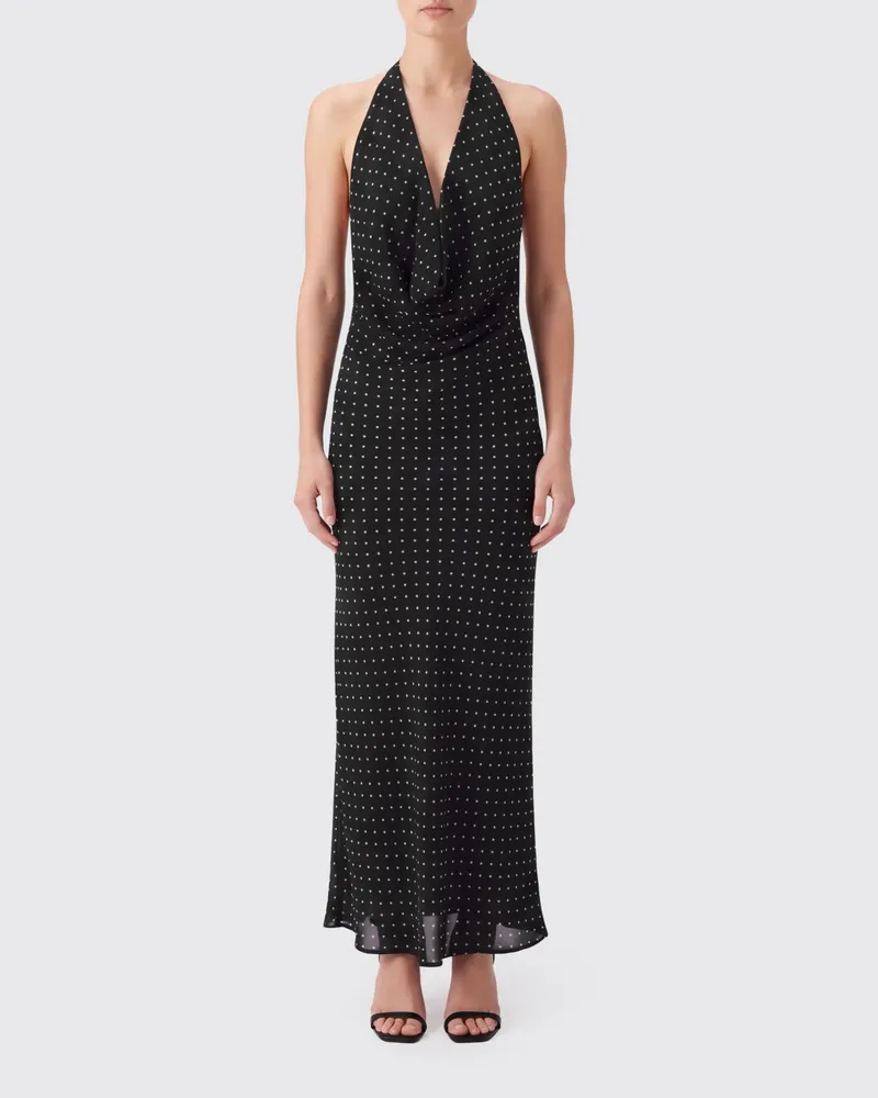 ROTATE Birger Christensen Langes Abendkleid von aus Crêpe mit Polka-Dots und Neckholder Schwarz