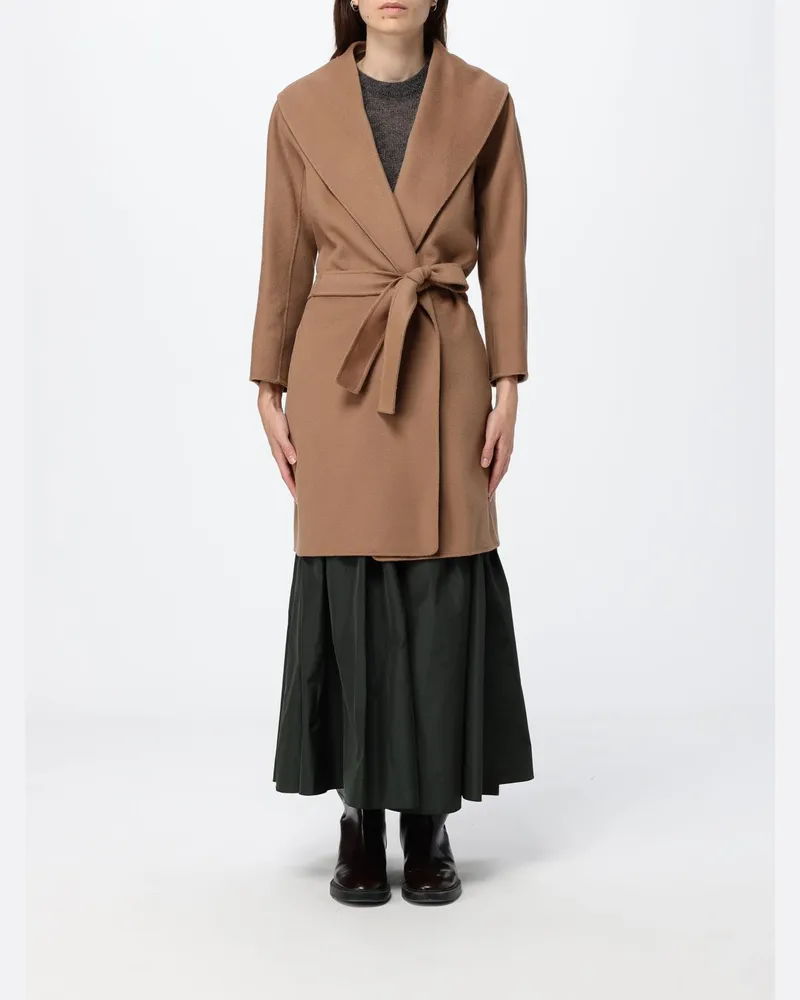 Max Mara Gegürteter Bademantel-Mantel aus Schurwolle mit Schalkragen Camel