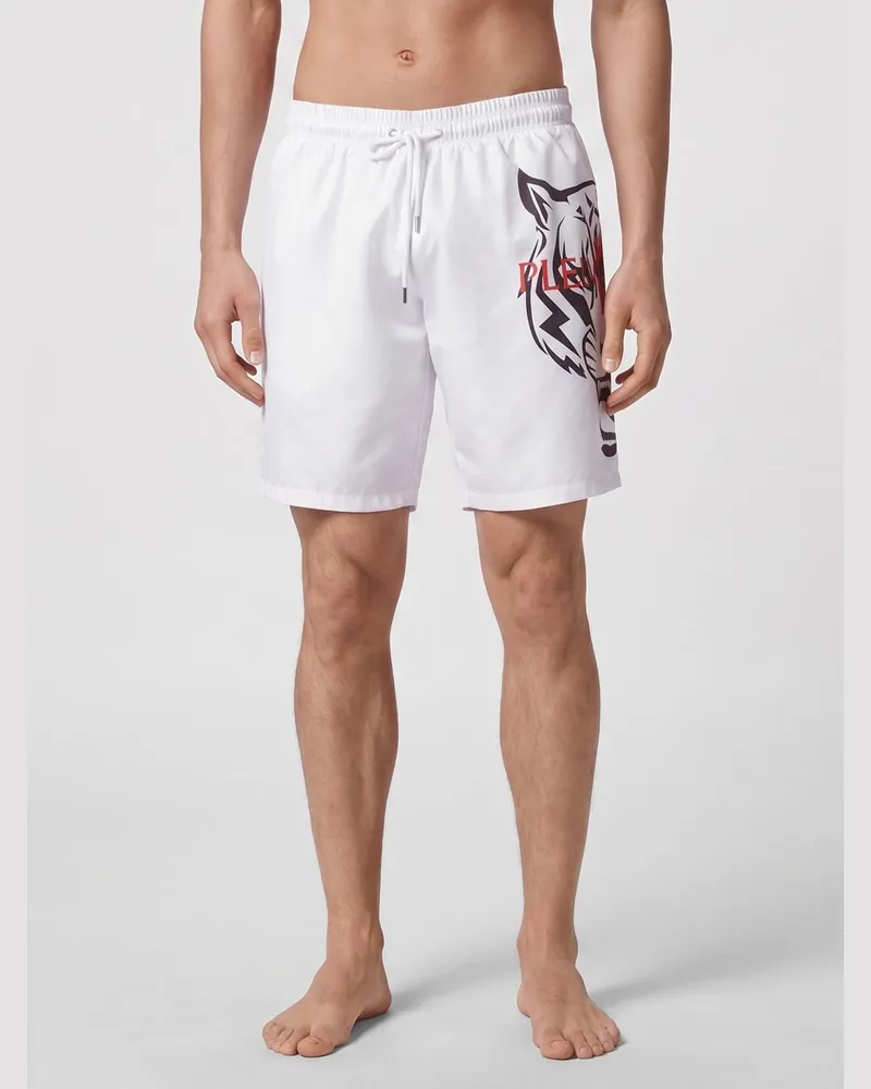 Philipp Plein Badeshorts aus Nylon von mit kontrastierendem Logo-Print Weiß
