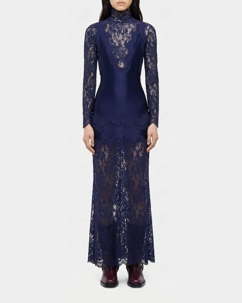 Paco Rabanne Langärmeliges Abendkleid aus Satin und Spitze mit Stehkragen und Schleife Blau