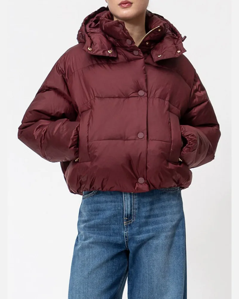 Twin-Set Kurze Stepp-Daunenjacke von aus Nylon mit Kapuze und Spitzrevers Burgunderrot