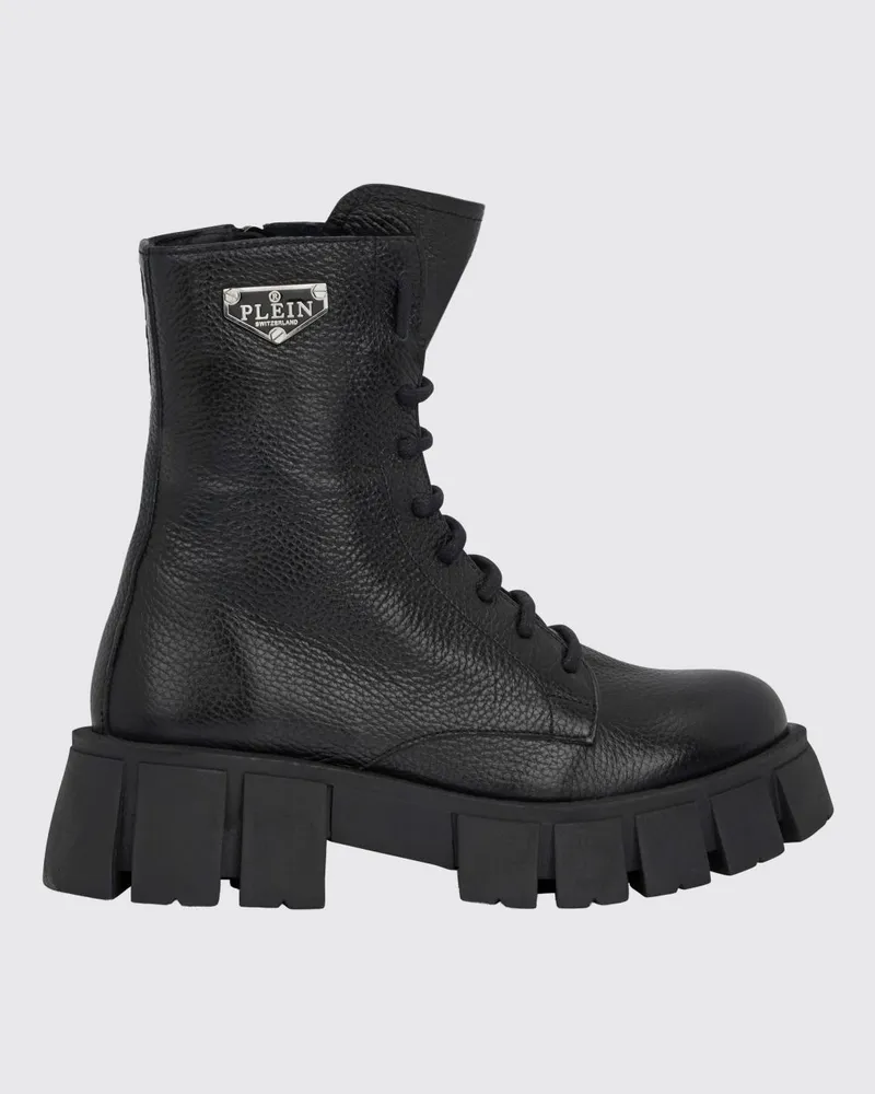 Philipp Plein Schnür-Combat-Boots aus genarbtem Leder mit Profilsohle und Absatz Schwarz