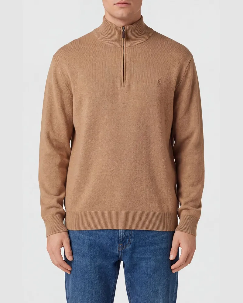 Ralph Lauren Woll-Rollkragenpullover mit halbem Reißverschluss und Pony-Logo Beige