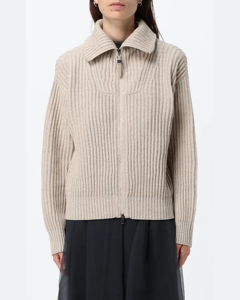 Brunello Cucinelli Gerippter Cardigan aus Wollmischung mit Reißverschluss und Pailletten Beige