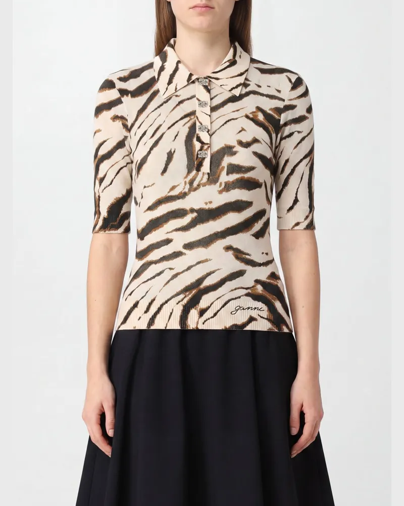 Ganni Strick-Polo von aus Bio-Baumwollmischung mit Zebra-Print Beige