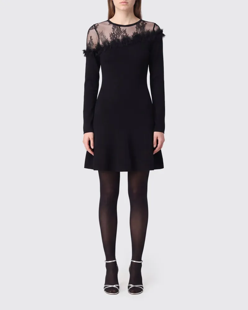 Blumarine Minikleid aus Wollstrick in Etuiform mit Spitzeneinsätzen Schwarz