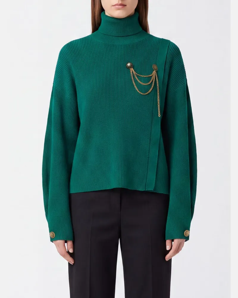 Liu Jo Gerippter Rollkragenpullover mit Brosche und Metallic-Mesh Grün
