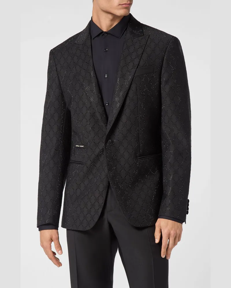 Philipp Plein Slim-Fit-Blazer aus Wollmischung mit Monogramm und Hexagon-Logo Schwarz