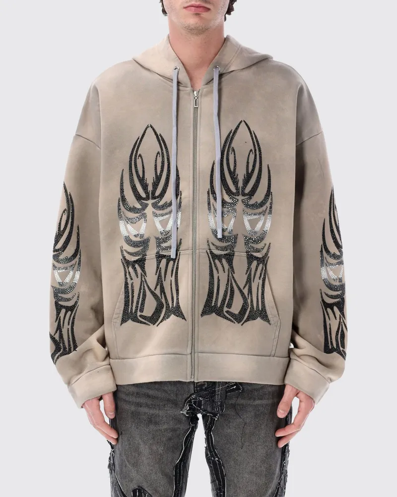 WHO DECIDES WAR Bestickte Kapuzenjacke aus Jersey mit Reißverschluss und Strass Taubengrau