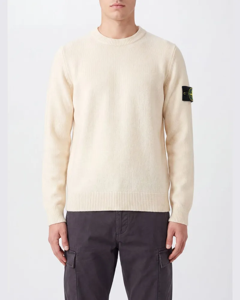 Stone Island Rundhalspullover aus Schurwolle mit Compass-Logo-Patch Ivory