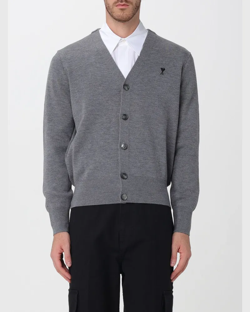 AMI Paris Woll-Cardigan mit V-Ausschnitt und kontrastierender Logo-Stickerei Grau