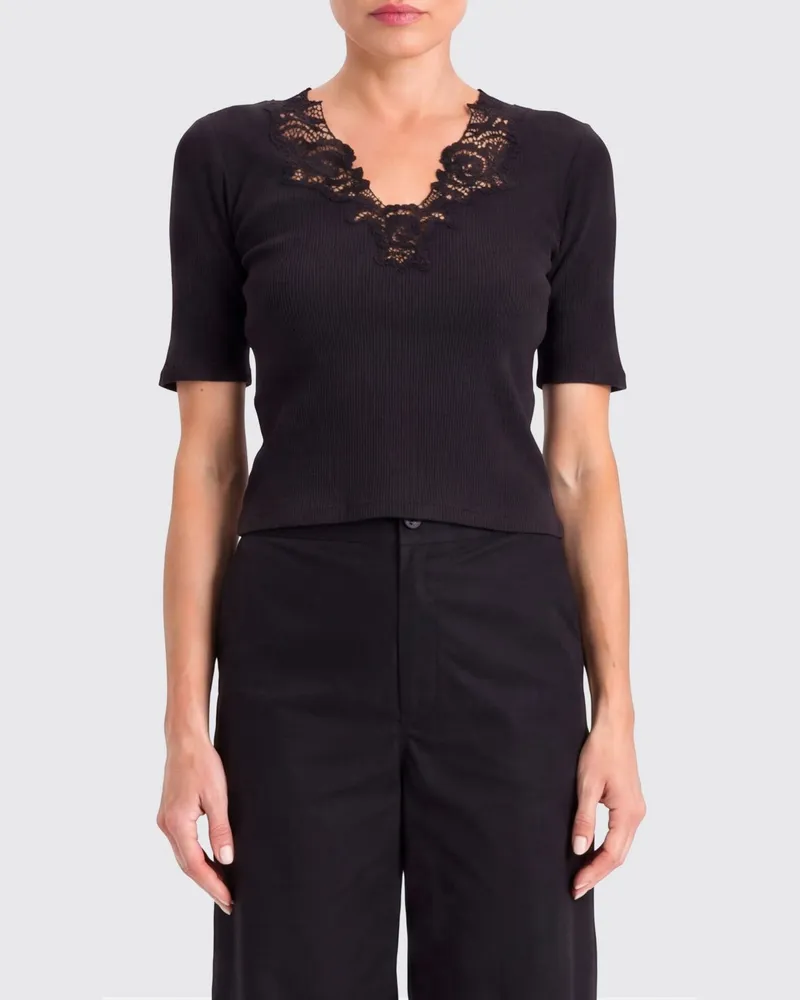 Twin-Set Slim Fit Cropped-Top aus Spitze und Baumwolle mit V-Ausschnitt Schwarz