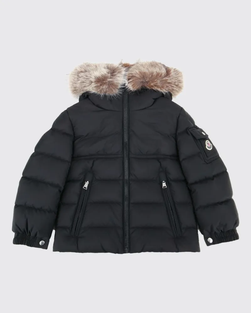 Moncler Kurze gesteppte Daunenjacke für Jungen aus Nylon mit Shearling-Kapuze Schwarz