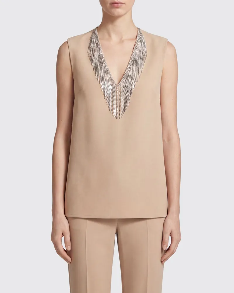 SPORTMAX Ärmelloses Slim-Fit Top mit V-Ausschnitt und Schmuckfransen Beige