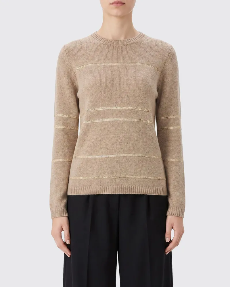 Fabiana Filippi Gestreifter Rundhalspullover aus Woll- und Mohairmischung Beige