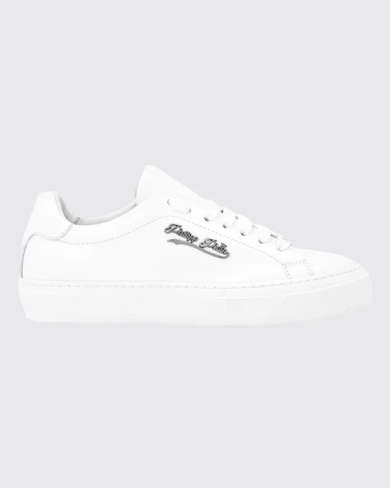 Philipp Plein Low-Top-Sneakers aus Glattleder mit appliziertem Metall-Logo Weiß