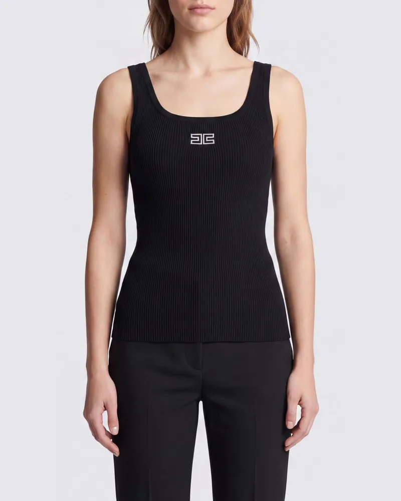 Elisabetta Franchi Schmal geschnittenes Wollstrick-Top von mit gesticktem Logo Schwarz