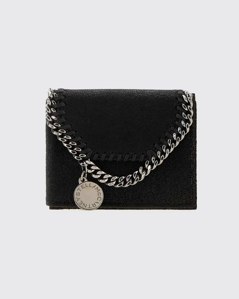 Stella McCartney Falabella Tri-Fold-Portemonnaie aus Eco Alter Mat mit Kette Schwarz