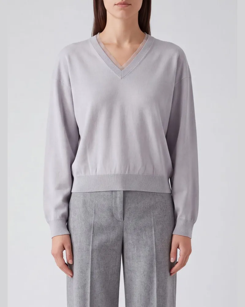 Fabiana Filippi Langärmeliger V-Ausschnitt-Pullover von aus Wolle und Baumwolle Grau