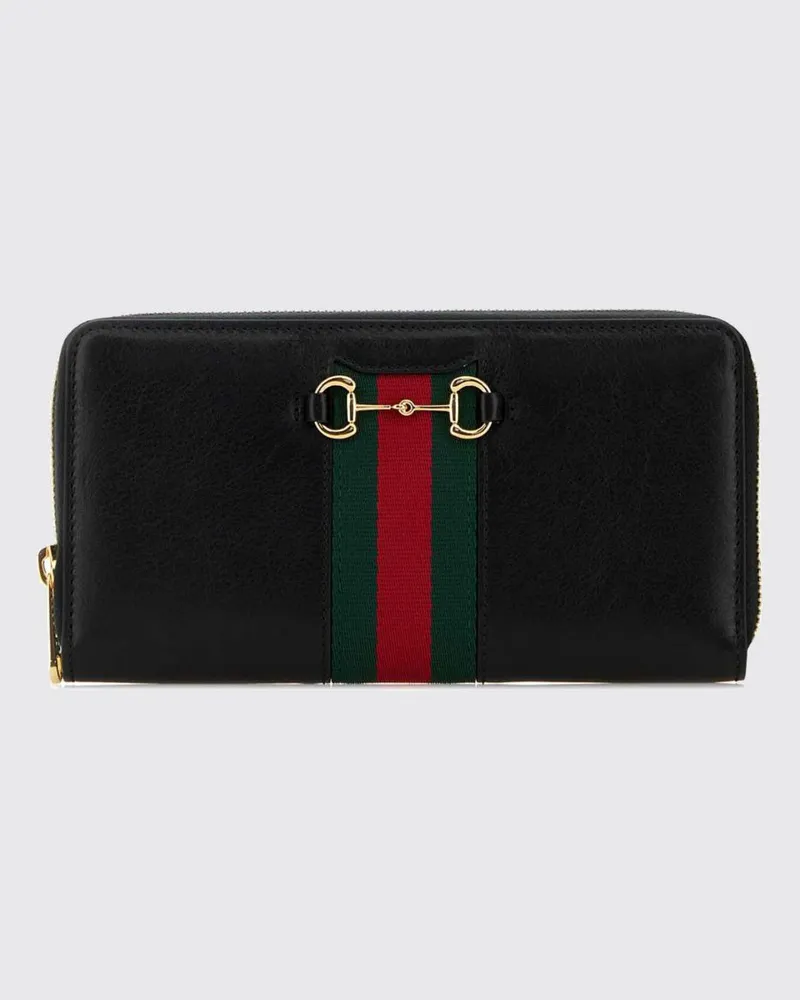 Gucci Continental Horsebit Web Reißverschluss-Brieftasche aus Kalbsleder von Schwarz
