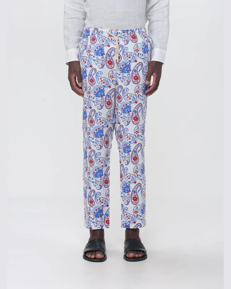 PENINSULA Leinenhose mit geradem Bein, ethnischem Muster und Kordelzug Blau