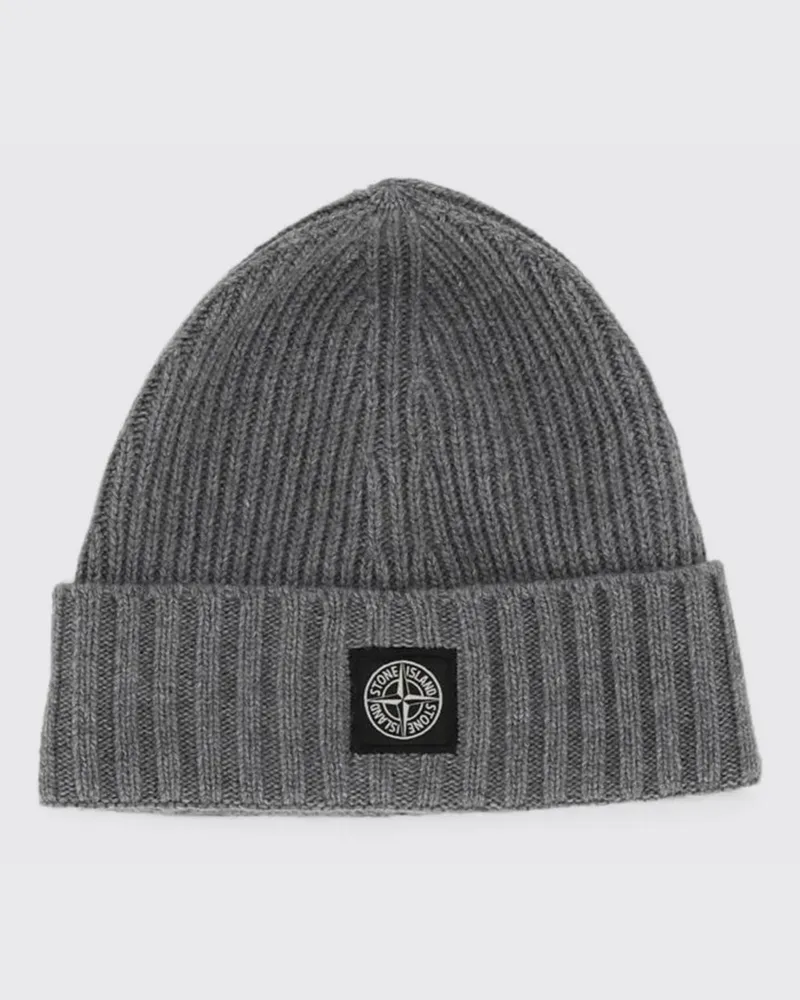 Stone Island Gerippte Beanie-Mütze aus Schurwolle für Jungen mit Kompass-Logo Grau