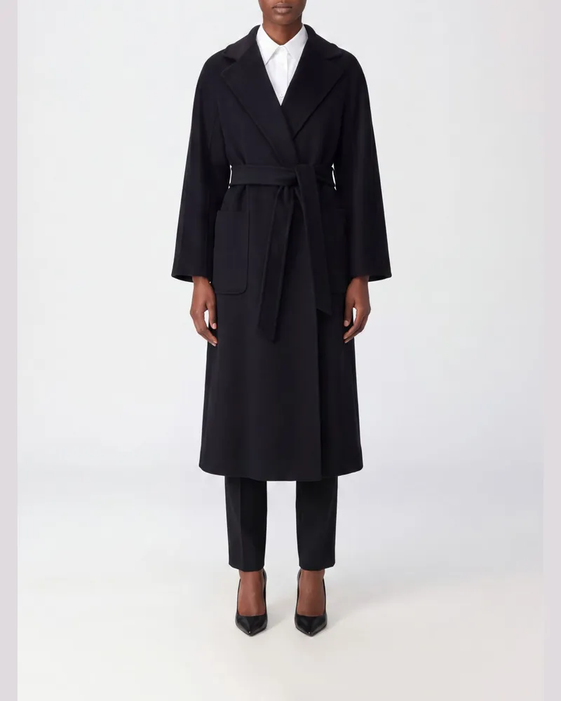 Max Mara Langer Bademantel-Wollmantel Ludmilla aus Kaschmir mit Gürtel Schwarz