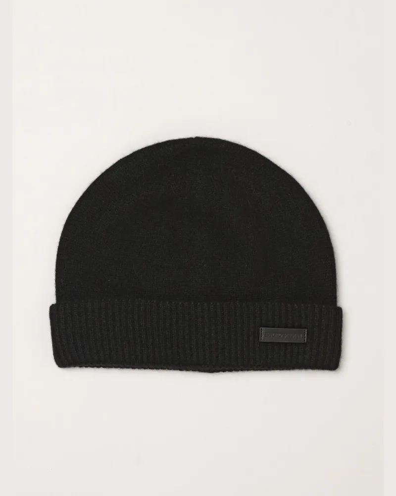 Emporio Armani Beanie-Mütze aus reinem Kaschmir mit Rippstrick Schwarz